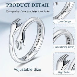 LOVECOM S925 Sterling Silver Hug Rings for Women Adjustable Hugging Hands Open Ring for Men Promise Rings Jewelry Birthday Mothers Day Gifts for Dad Mom Wife Daughters Grandma Best Friend (Everything I am you helped me to be, US Size 8)