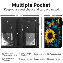Server Books for Waitress Book,Leather Server Book with Zipper Pocket,Fit Waitress Apron,Guest Check Books for Servers Notepad Check Presenters for Restaurants 5" x 9",Sunflower Butterfly