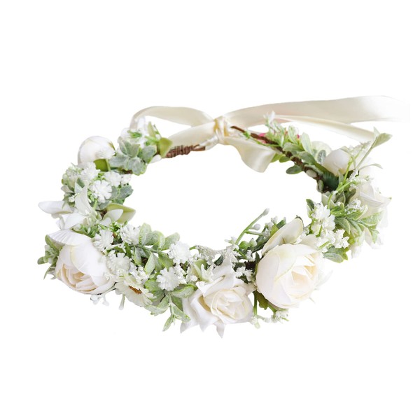 Vivivalue - Diadema floral para boda, diadema de flores, diadema floral, halo bohemio, fiesta, graduación, fotos, color blanco