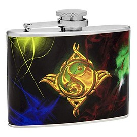 Hip Flask Holding 4 oz - Yin-Yang Design - Pocket Size, Stainless Steel, Leak Proof, Screw-On Cap - Gold, Blue, Green, Red and Yellow Wrapped Vinyl Finish - Black Gift Box Included