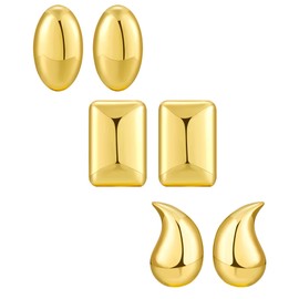 Howoo Gold Stud Earrings set for Women 14K Gold Plated Chunky Earrings Big Minimalist Dainty Earrings for Women Geometric (waterdrop, square/rectangle, oval)