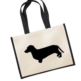huuraa Jute Bag Dachshund Silhouette Present Shopper Shopping Bag Black 21 Litres Jute and Cotton Dachshund Gift Idea, black