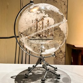 Transparent Illuminated Globe with Sailboat Ornament & Metal Stand - Modern Desktop World Globe Decoration for Office, Bookshelf, Home Decor (20cm Diameter)