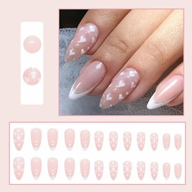 Valentine Press on Nails Medium Almond Valentine Love Heart Glitter Fake Nails, White Press on Nails Gel Acrylic Nails Glue Stick on Nail Tip Reusable Natural Fit Winter Holiday False Nails Kit 12Size