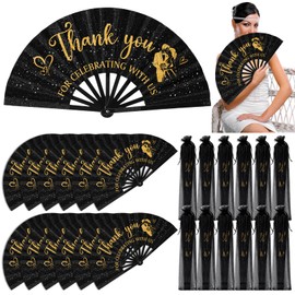 Vercraft 12 Sets Large Wedding Glitter Foldable Fans Bulk Wedding Festival Handheld Fans with Organza Bag Thanks for Celebrating with Us Favors for Guests Bridal Shower Wedding Dancing Party(Black)
