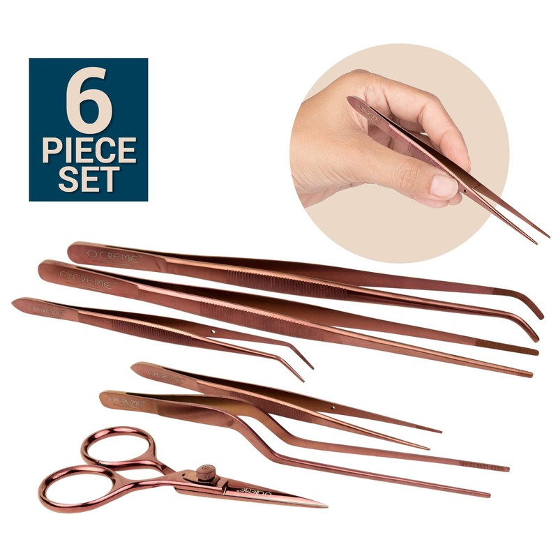 O'Creme Set of Culinary Tweezer Tongs Offset, Straight and Curved,
