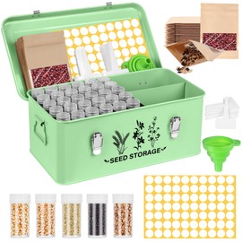 Seed Storage Box Organizer - Metal Garden Seed Storage Container Kit with 60 Vials, 30 Plant Tags, 20 Envelopes, Funnel & Labels - Moisture-Proof Seed Bank for Long Term Storage