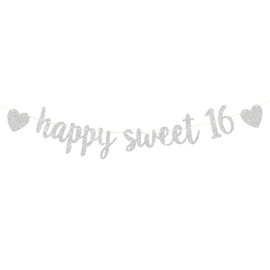 Silver Happy Sweet 16 Birthday Banner, Glitter Happy 16th Birthday Party Sign, Sweet Sixteen Birthday Anniversary Decoration Party Supplies