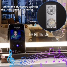 Hasipu Vanity Mirror with Lights and Bluetooth Speaker, 32" x 22" LED Makeup Mirror, Lighted Makeup Mirror with Dimmable 3 Modes, USB Charging Port, Round Black