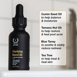 ZEUS Clarifying Beard Oil, Facial Hair Oil for Sensitive & Blemish-Prone Skin, Nourishes & Revitalizes, Healthier Beard Growth (Made in USA) 1 fl. oz.