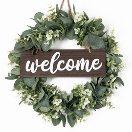 Dremisland Wreath for Front Door 16 Inch Eucalyptus Leaves Wreath Green Leaves Wreath with Welcome Sign Door Wreath Spring Summer Wreath for Farmhouse Home Porch Indoor Outdoor Decor (Coffee)
