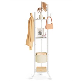 Hoctieon Coat Rack Freestanding, Round Coat Rack with 3 Wooden Shelves and 1 Fabric Basket, Metal Clothes Tree with 5 Hooks, Coat Hanger Stand for Clothes, Hats, Bags, White