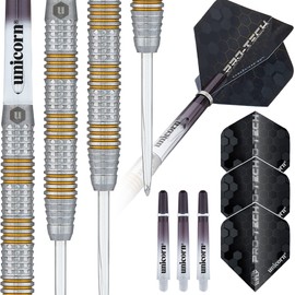 Unicorn Steel Tip Darts Set | Pro-Tech Style 3 | 90% Natural Tungsten Barrels with Golden Accents & Volute Points | 25 g