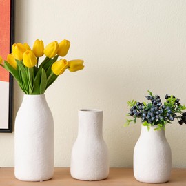 Tenforie Decorative White Ceramic Vase Set for Modern Boho Home Decor – Set of 3 Textured Pottery Vases for Dried Flowers, Pampas Grass, Living Room, Shelf, or Entryway Display