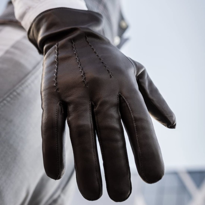 Harssidanzar Leather Gloves For Mens Comfort Cashmere Lined Gloves GMUK006,Black,Size
