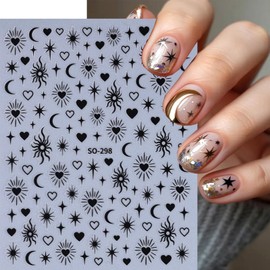 6 Sheets Heart Star Nail Stickers 3D Self-Adhesive Nail Decals White Black Silver Gold Star Sun Moon Nail Art Stickers Design Manicure Decoration Supplies Accessories for Women