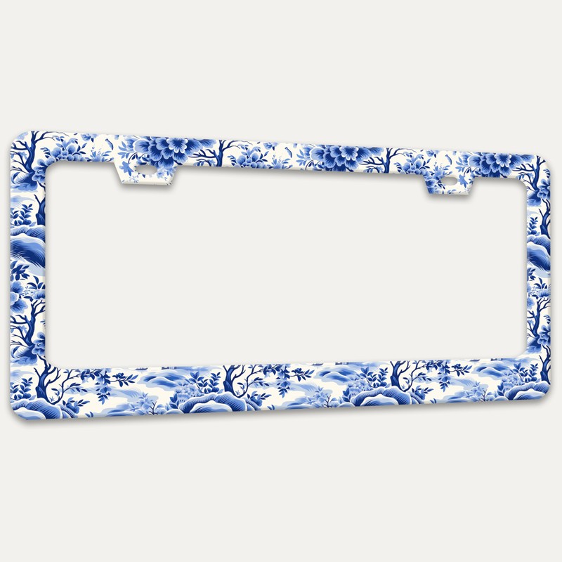 Blue White Porcelain Floral License Plate Frame Flowers Trees License