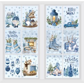 JarThenaAMCS 158Pcs Christmas Window Cling Blue Winter Snowflake Gnome Snowman Window Sticker Reusable PVC Decal for Glass Mirror Decor, 12 Sheets