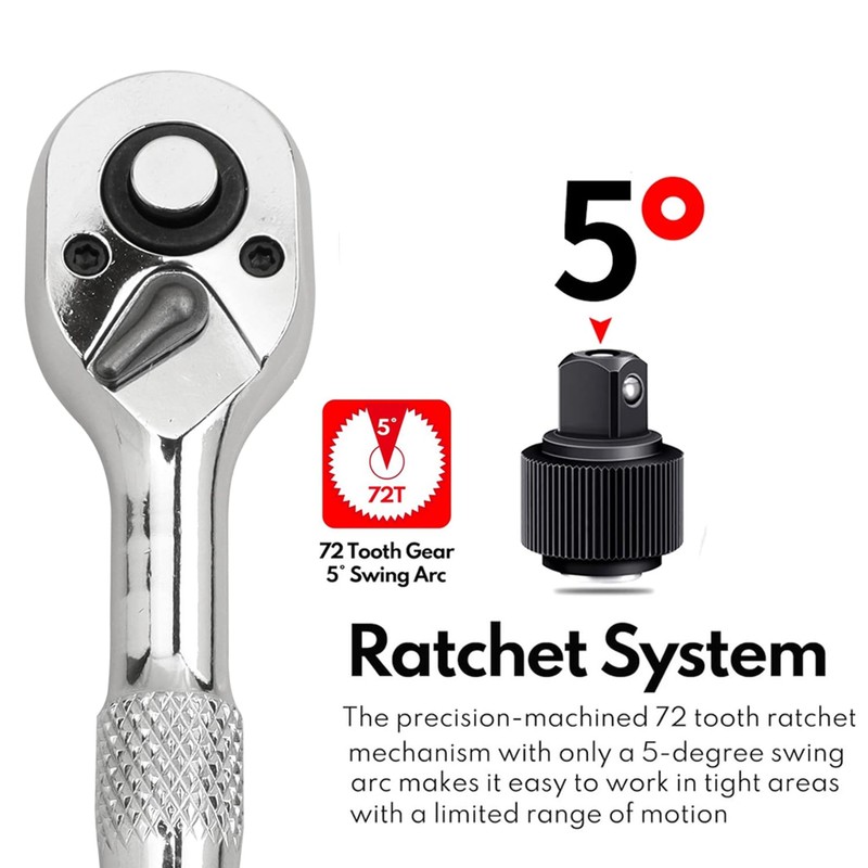 Bestgle 1/2" Square Drive Stubby Reversible Ratchet Wrench with 72-Tooth