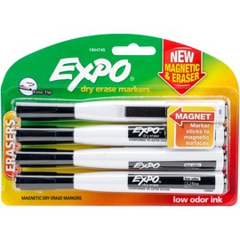 EXPO 1944745 Magnetic Dry Erase Markers with Eraser, Fine Tip, Black, 4-Count