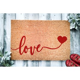 "Love Red Heart" Doormat, Cute Valentine's Housewarming Gift, Custom Coconut Coir Doormat, Closing Gift, Welcome Front Door Mat, Romantic Home Rug stk 1605