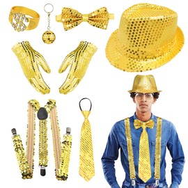 RoserRose 70s 80s Glitter Accessories Men's Glitter Outfit Men's Disco Costume with Sequins Hat, Braces, Bow Tie, Sequin Costume for Fancy Dress Party