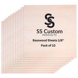Basswood Sheets for Crafts 1/8 inch, 3mm Plywood Sheets for Laser Cutting, Wood Burning, Architectural Models, Drawing - 10 Pack Bass Wood 12 x 12 inch (SS Custom Products)