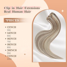 FUBILI clip in human hair extensions Ash Brown Highlights Platinum Blonde 95g 7pcs 20 Inch Real Hair Extensions Natural Remy Hair Double Weft Thick Silky Straight Clip in Hair Extensions