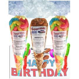 Happy Birthday Series Bright Sour Worms And Almonds Cinnamon Roasted (NET WT 31 OZ) (Pack of 3) In 1 Box Gourmet Kruise Signature Gift Bags