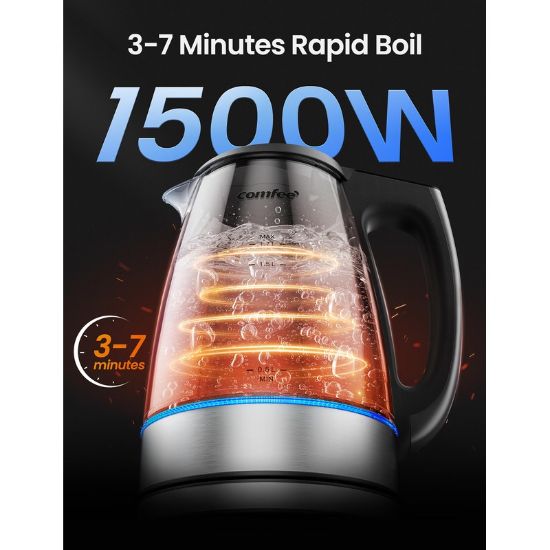 COMFEE' 1.7L Glass Tea Kettle and Kettle Water Boiler -