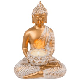 mtb more energy Decorative Tea Light Holder "Peaceful Buddha" - Sitting Buddha Figure - Vintage White Gold - Height Approx. 14 cm - Decoration Meditation Statue
