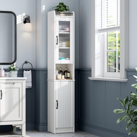 Baztin 71" H Tall Bathroom Storage Cabinet, Narrow Bathroom Cabinet with Glass Door Slim Cabinet with Adjustable Shelf Skinny Linen Tower Thin Linen Storage for Small Space, Cream White