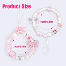 XIHIRCD 2pcs Beaded Phone Lanyards, Beaded Phone Charm Cute Phone Beaded Wrist Strap Bow-Tie Flower Love Heart Strawberry Beads Phone Bracelet Strap Jewelry for Girls Women (Pink Series)
