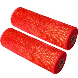 AOVNA 2 Rolls Poly Mesh Ribbon Rolls Metallic Foil Deco Poly Burlap Mesh Deco Mesh Rolls Wreath Making Ribbon for Christmas Holiday Crafts Bows Making (Red)