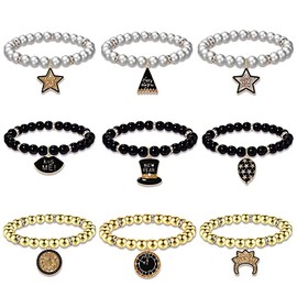 PHALIN Happy New Year Bracelets for Women CCB Pearl Beaded Stretch Bracelets Sparkling Top Hat Clock Star Charms Bracelet New Year's Eve Party Favors Holiday Gifts, not know