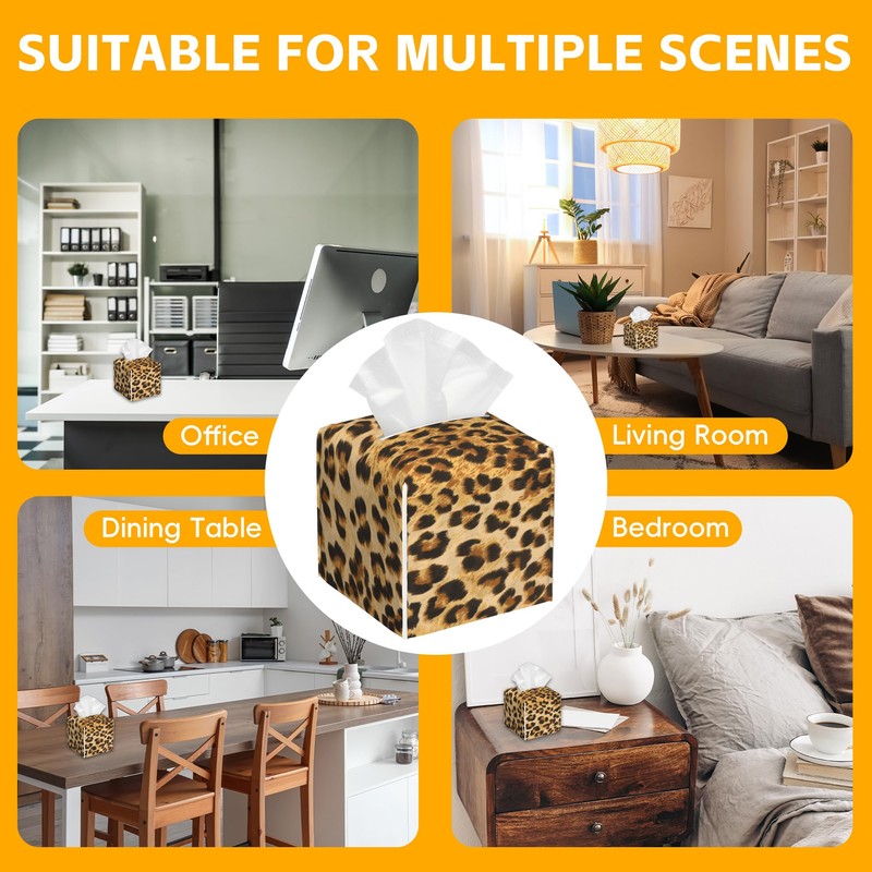 Brown Leopard Tissue Box Cover,PU Leather Tissue Box Holder Square,Modern
