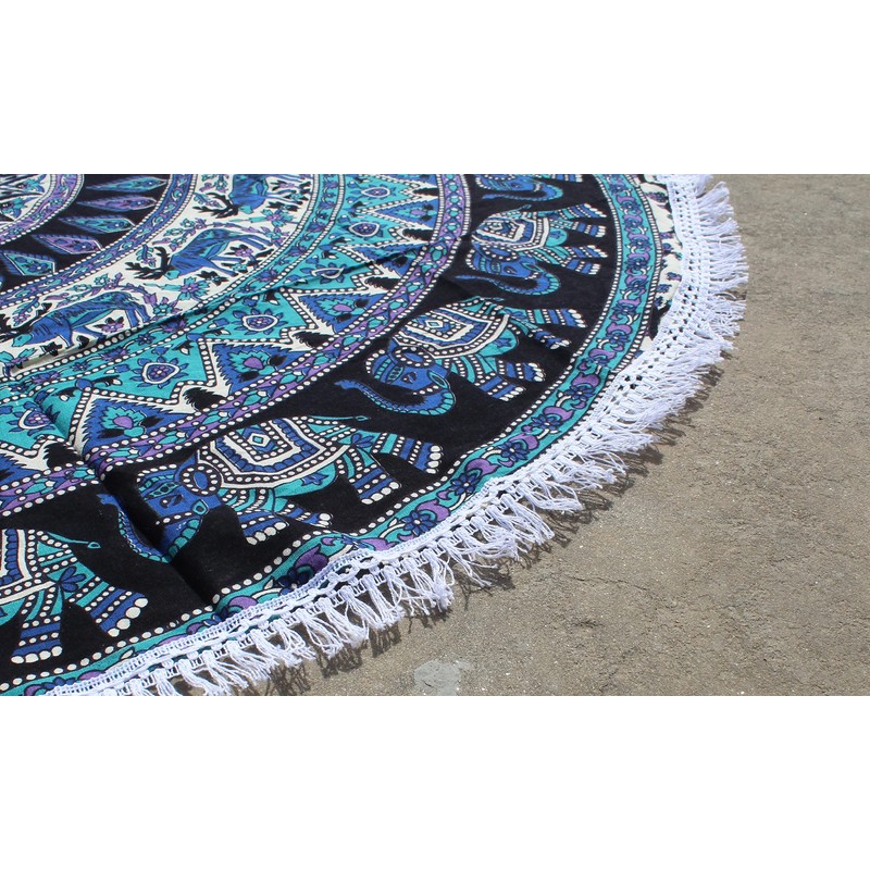 Round Beach Tapestry Turquoise Mandala Throw/Boho Hippie Beach Blanket Roundie/Indian