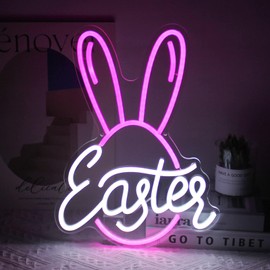 Kullneon Easter Bunny Egg Neon Sign Pink Rabbit Ears Neon Light Easter Day LED Neon Signs for Wall Neon Lights Signs for Bedroom Bar Party Decor Kid Gift