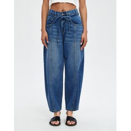 Ladyful Womens Baggy Barrel Jeans Drawstring Low Rise Horseshoe Jeans Boyfriend Wide Leg Mom Denim Pant Trouser Blue