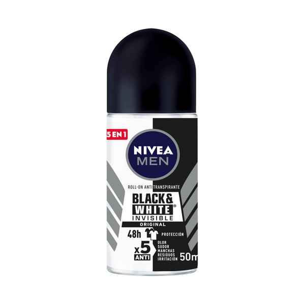NIVEA MEN Desodorante Antimanchas, Black & White Invisible Power (50 ml) Fórmula anti manchas, anti olor, anti sudor, anti irritación y anti residuos 48horas Protección Antitranspirante Roll on