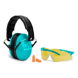 WALKER'S Youth & Women's Shooting Low Profile Folding Padded Headband Adjustable Hearing Protection Earmuffs, Teal Muff, Glasses & Plugs Combo