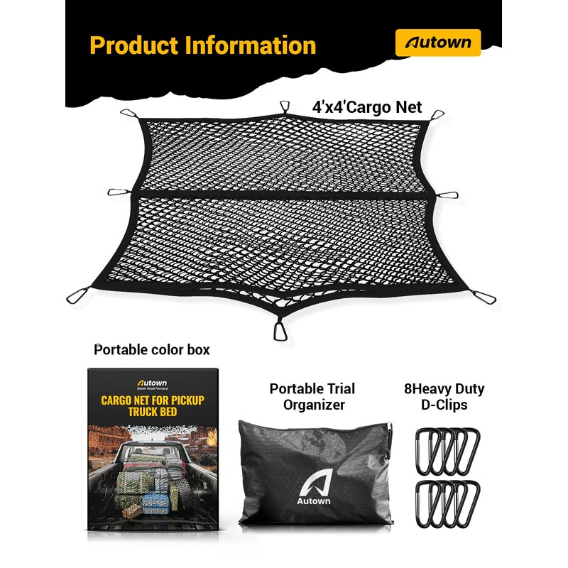 AUTOWN Cargo Net for Pickup Truck Bed - Stretchable 4'x4'