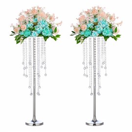 29.5 inches Tall Silver Vases Wedding Centerpieces, Elegant Metal Flower Candle Holder with Chandelier Crystal,for Wedding Party Event,Birthday,Reception,New Year Home Decorations