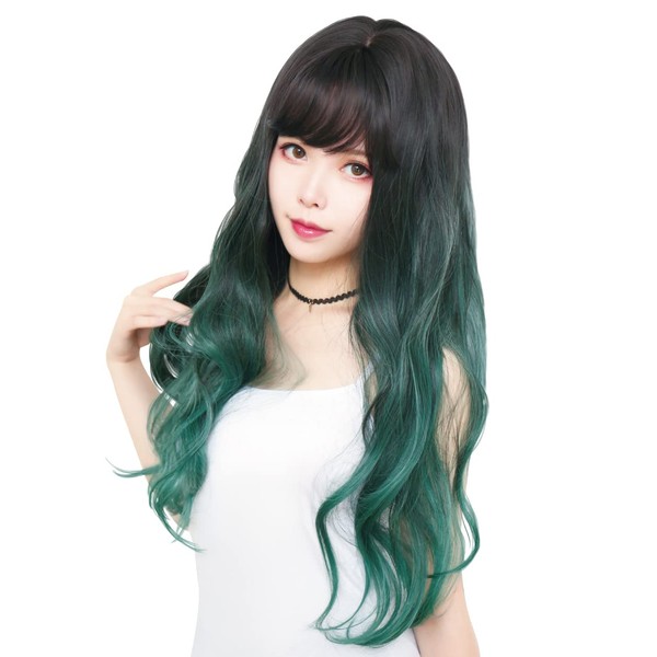 TefuRe C-8256BLK-EM Long Green Wave Wig, Small Face, Wig, Crossdressing