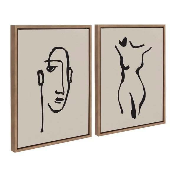 Kate and Laurel Sylvie Minimalist Neutral Line Art Drawing Face and Body Framed Canvas Wall Art Set by The Creative Bunch Studio, 2 piece 18x24 Gold, Modern Minimal Brushstrokes Art for Wall