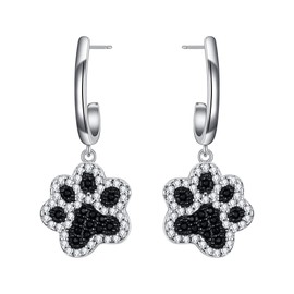 FANZE 925 Sterling Silver Cute Cubic Zirconia Dog's Paws Footprint Dangle Pierced Earrings Puppy Dog Cat Pet Paw Print Love Heart Earrings for Women Cute Jewelry Gift for Chrismas/Holiday