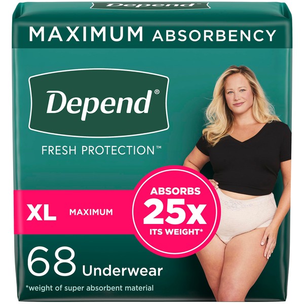 Depend Fresh Protection Adult Incontinence Underwear for Women (Formerly Depend Fit-Flex), Disposable, Maximum, Extra-Large, Blush, 68 Count, Packaging May Vary
