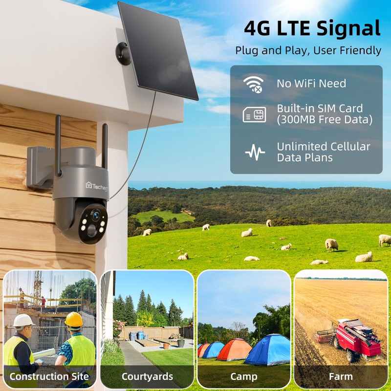 Techage 4G LTE Cellular Solar Security Camera Wireless Outdoor, 2.5K
