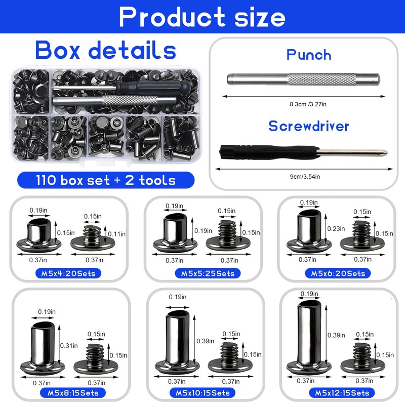 dcas 110 Pieces Leather Rivets Fixing Tools Set, 4/5/6/8/10/12 mm,