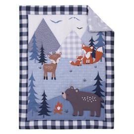 NoJo Little Love National Park Navy Buffalo Check, Gray, Blue, and Brown Camping Bear, Deer, and Fox 3 Piece Mini Crib Bedding Set - Comforter, and Two Fitted Mini Crib Sheets